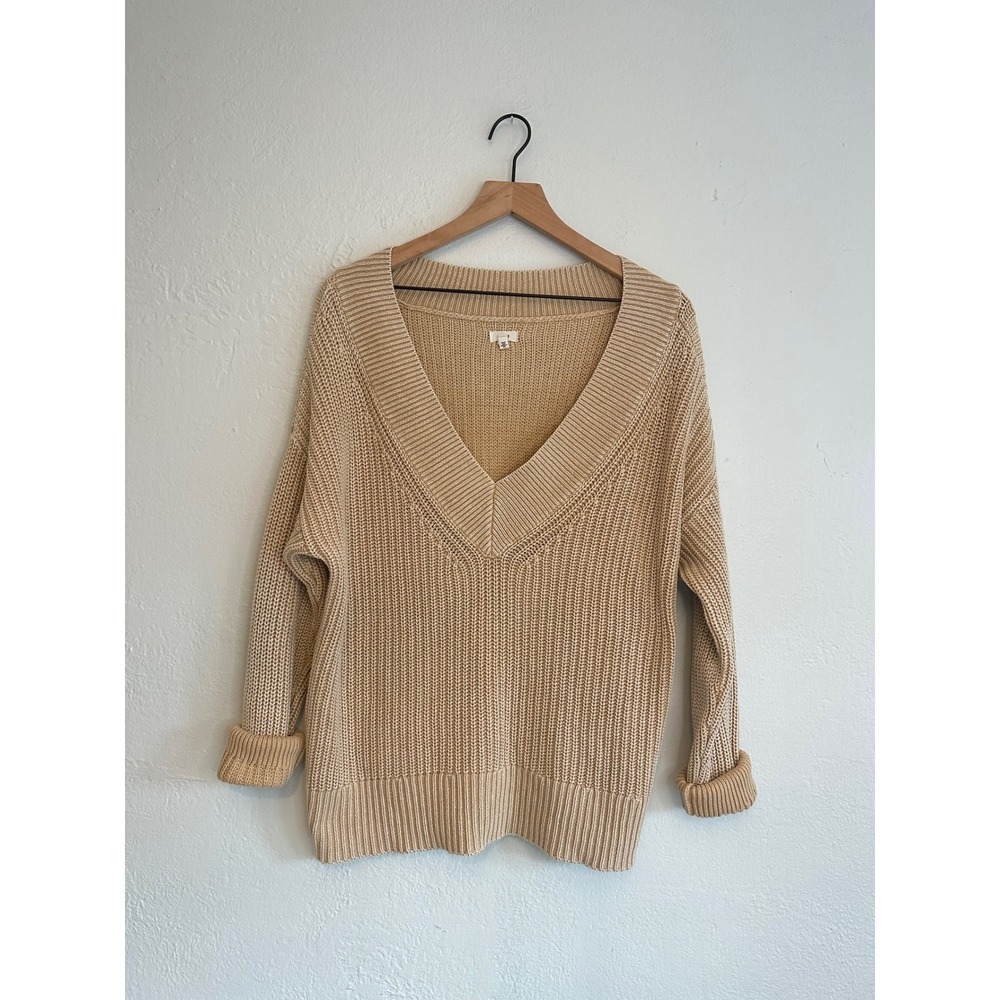Aerie Womens Tan Beige Oversized Deep V-Neck Shaker Knit Pullover Sweater Small